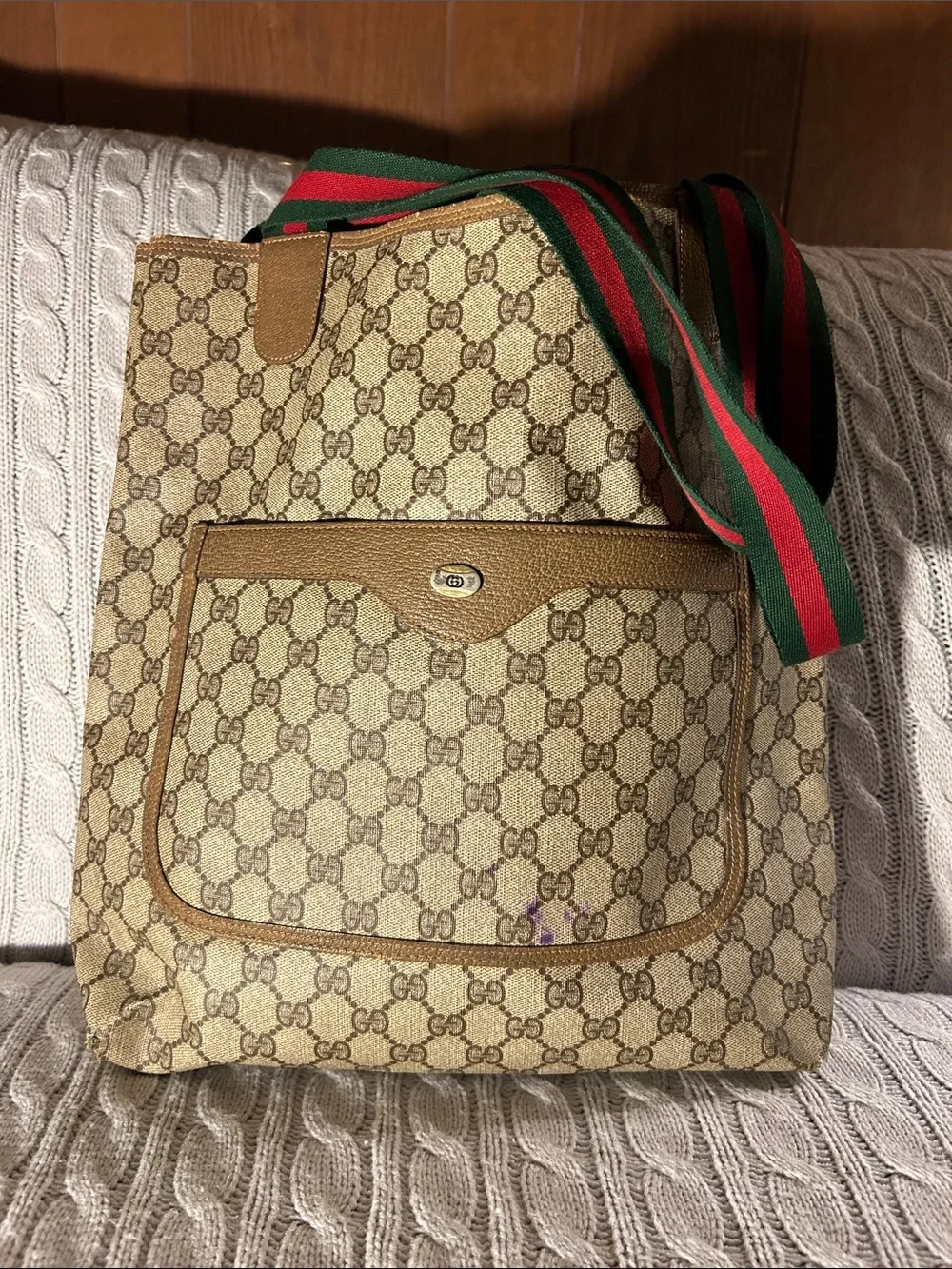 Gucci Beige/Tan GG Canvas Tote with Green & Red Web Strap